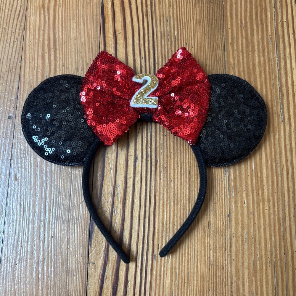 Disney‎ Minnie Mouse Headband Kids Red Black Sequin 2nd Birthday SIZE OS